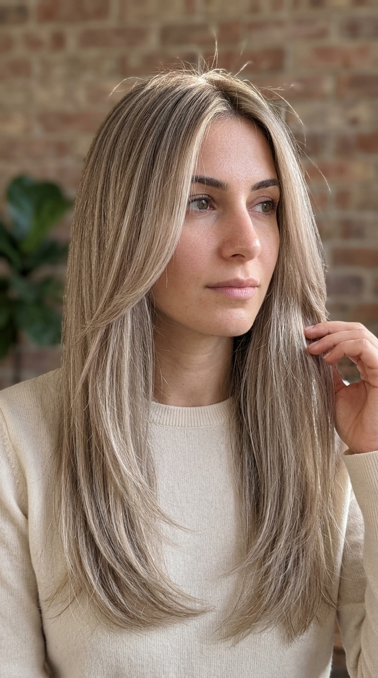 long haircut with beige linen blonde, pearl highlights, face-framing layers — effortless chic style