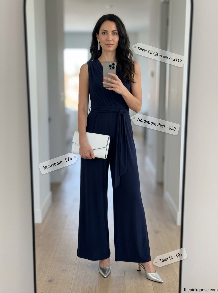 Chic Wide-Leg Jumpsuit: Navy sleeveless jumpsuit, silver earrings, white clutch, and metallic mules. Best Summer Outfits 2026.