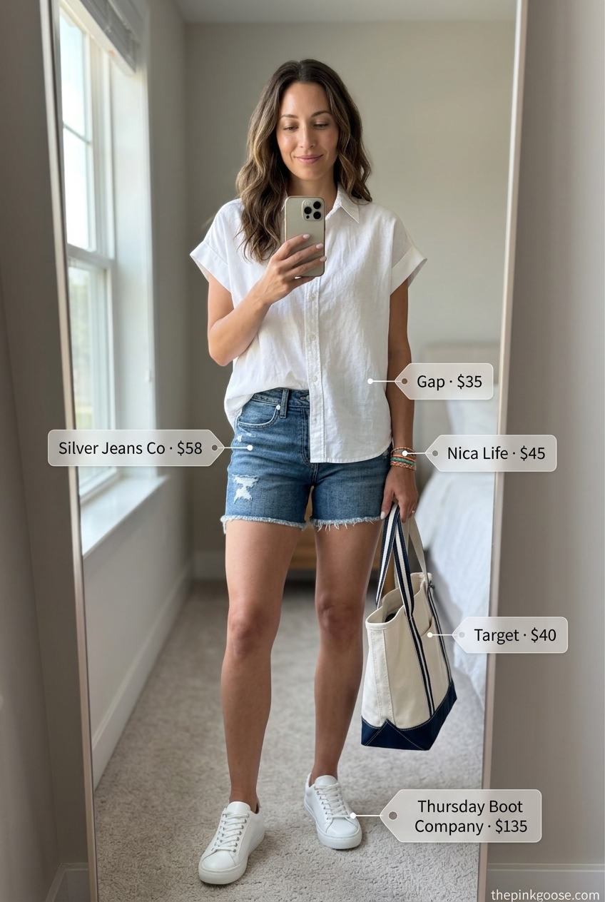 Playful Denim Shorts & Button-Down: Blue denim shorts, white linen shirt, coral bracelet. Best Summer Outfits 2026.