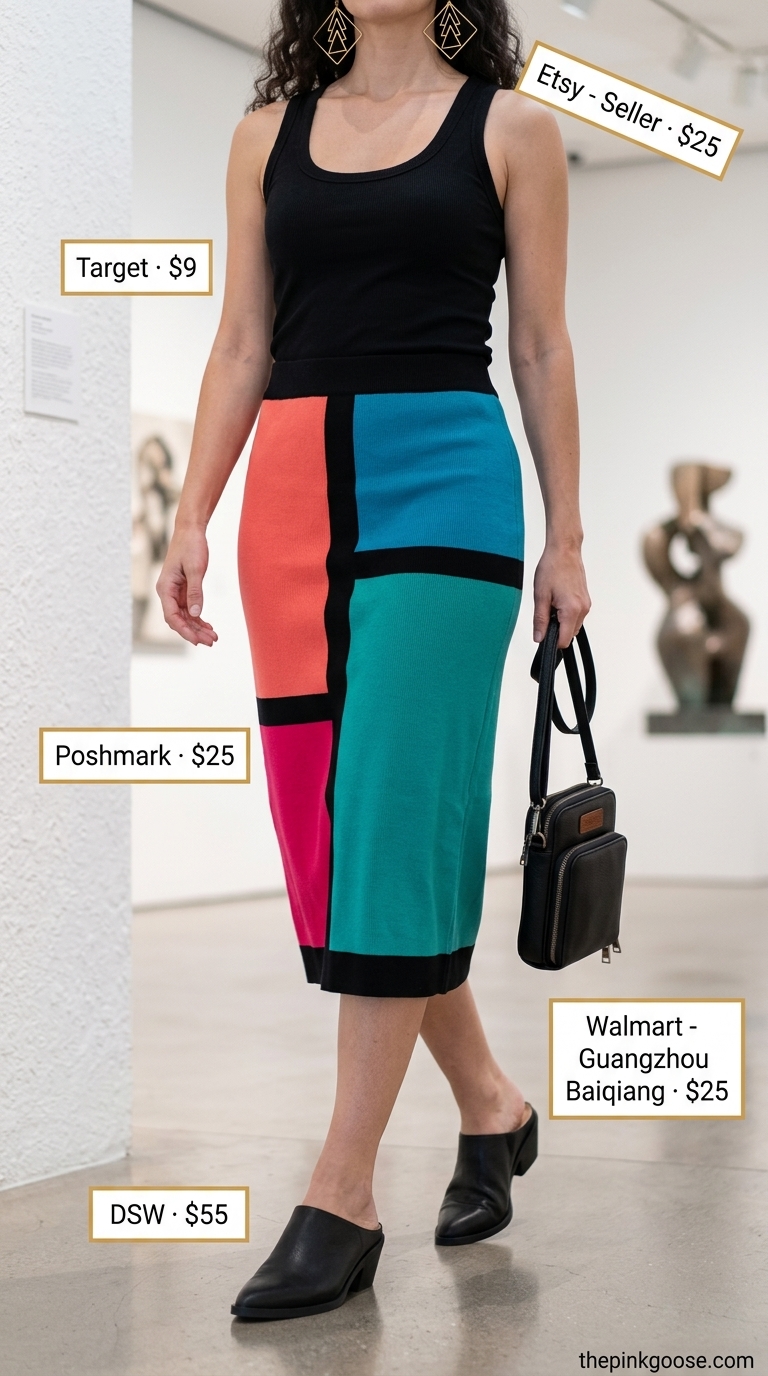 Bold Color Block Skirt Look: Best Summer Outfits for Every Body Type 2026. Teal/coral skirt, black tank, black mules, statement earrings.