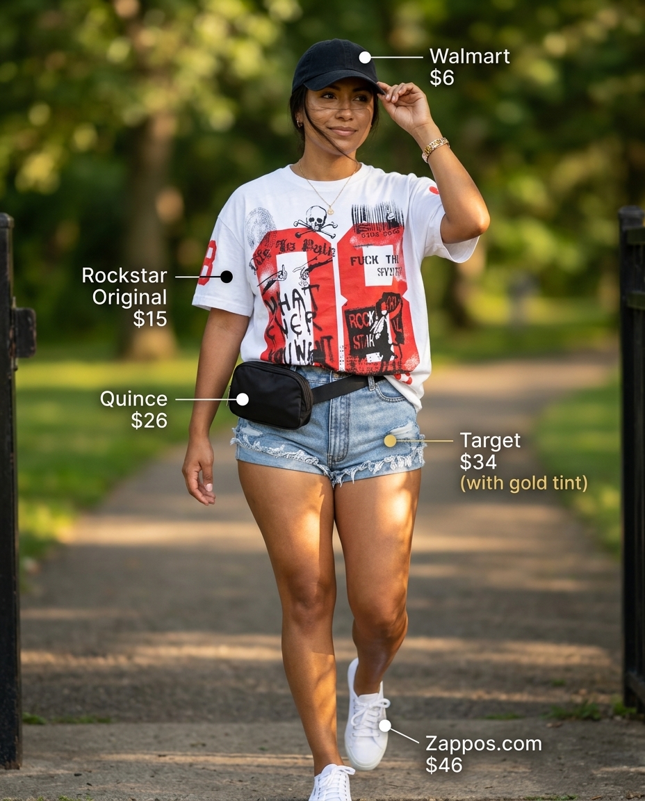 Weekend Explorer Shorts: Best Summer Outfits for Every Body Type 2026. Denim shorts, graphic tee, canvas sneakers, black cap, belt bag.
