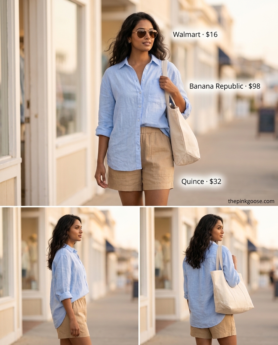 Relaxed Linen Shorts Ensemble: Best Summer Outfits for Every Body Type 2026. Light blue linen shorts, white linen shirt, tan sandals, aviators.