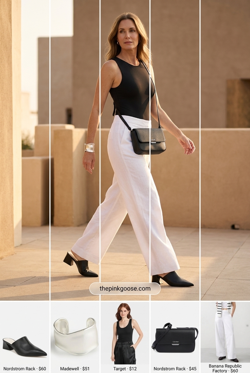 Modern Minimalist Wide Leg Pants: Best Summer Outfits for Every Body Type 2026. White pants, black bodysuit, black mules, silver bracelet.