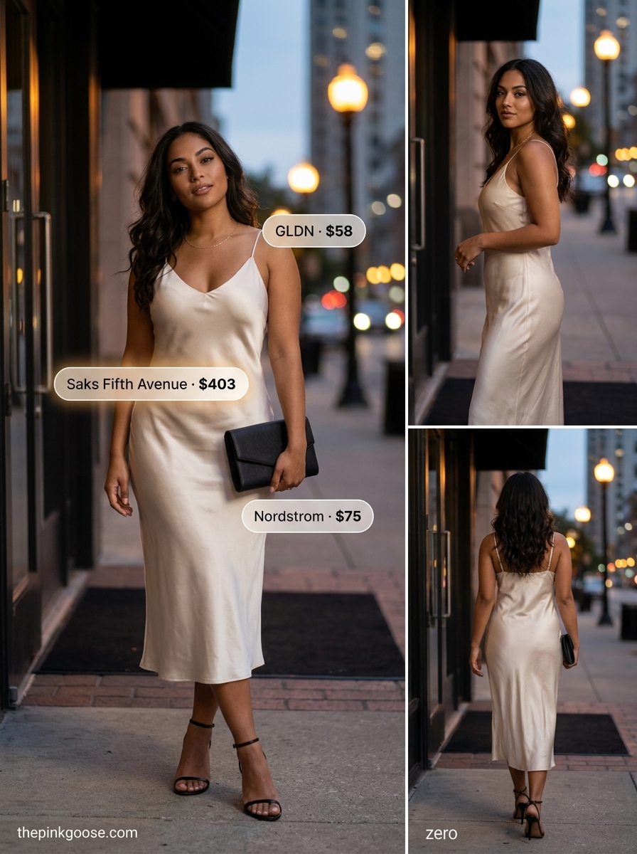 Golden Hour Slip Dress: Best Summer Outfits for Every Body Type 2026. Champagne slip dress, black heels, black clutch, gold necklace.