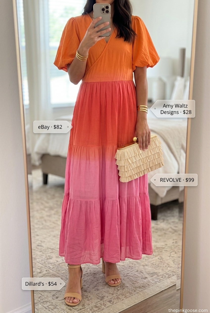 Sunset Maxi Dress: Best Summer Outfits for Every Body Type 2026. Gradient orange/pink dress, beige sandals, gold bracelet, woven clutch.
