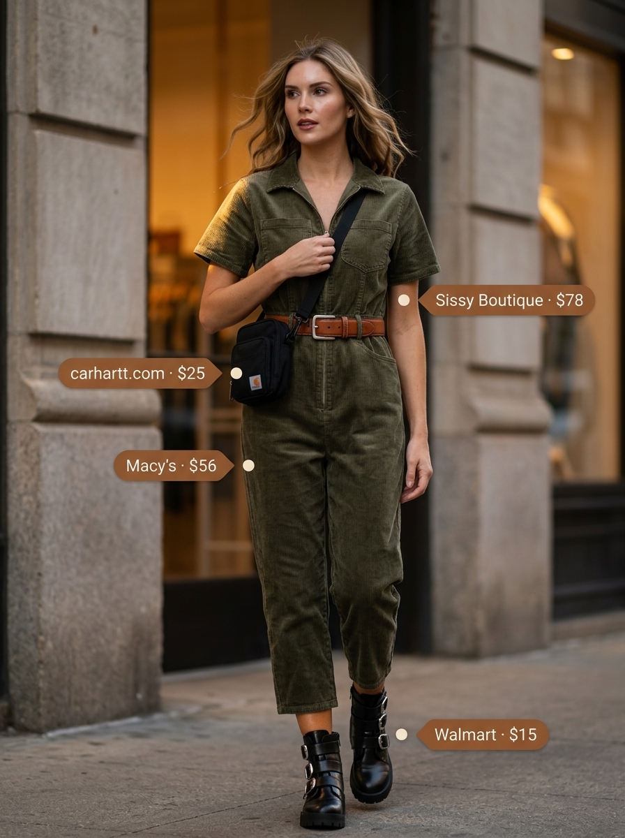 Urban Utility Jumpsuit: Best Summer Outfits for Every Body Type 2026. Olive green jumpsuit, black boots, tan belt, crossbody bag.