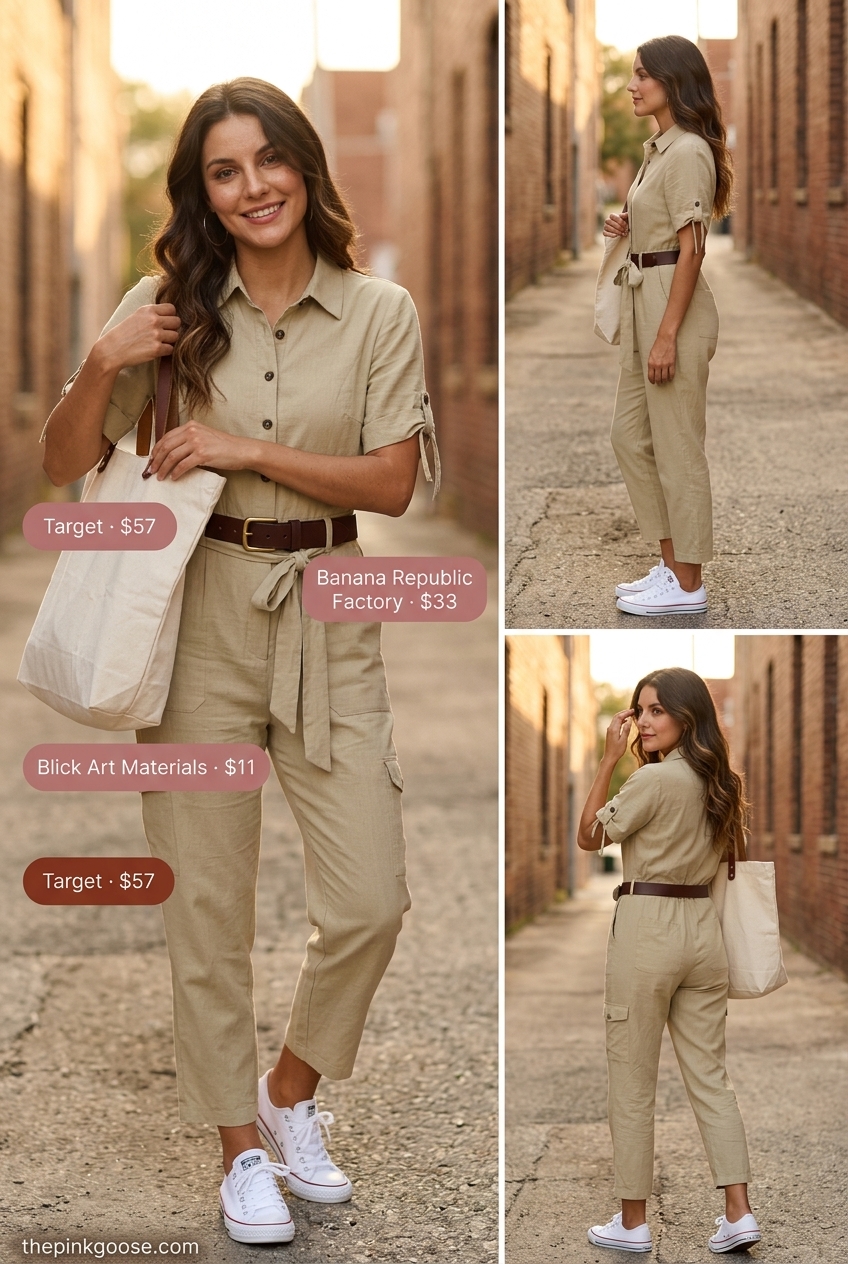 Weekend Getaway Jumpsuit: Best Summer Outfits for Every Body Type 2026. Khaki jumpsuit, white sneakers, canvas tote, brown belt.