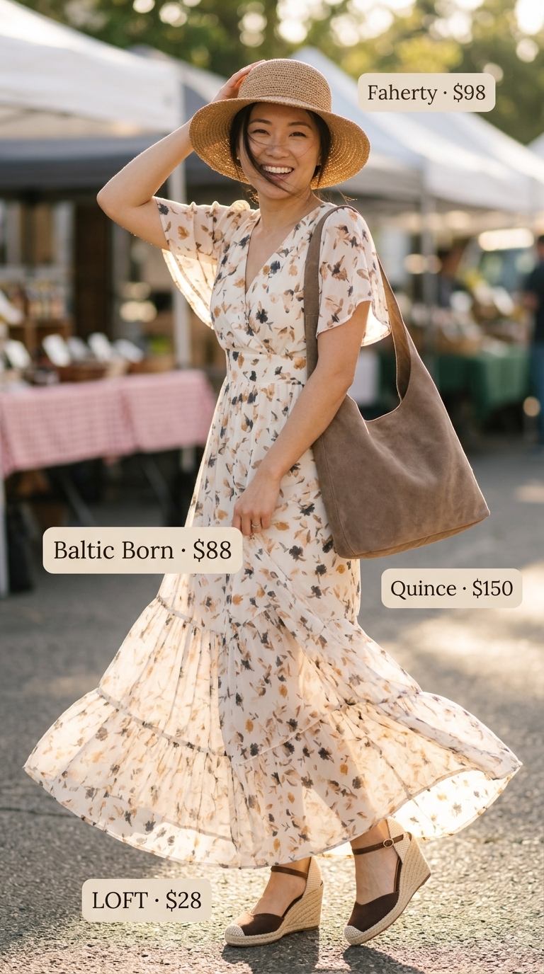 Boho floral maxi dress with espadrilles and straw hat for best summer outfits 2026. Festival ready.