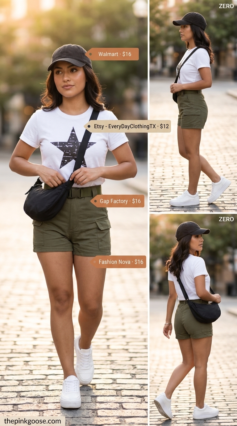 Olive green cargo shorts with white tee and sneakers for best summer outfits 2026. Casual city exploration.