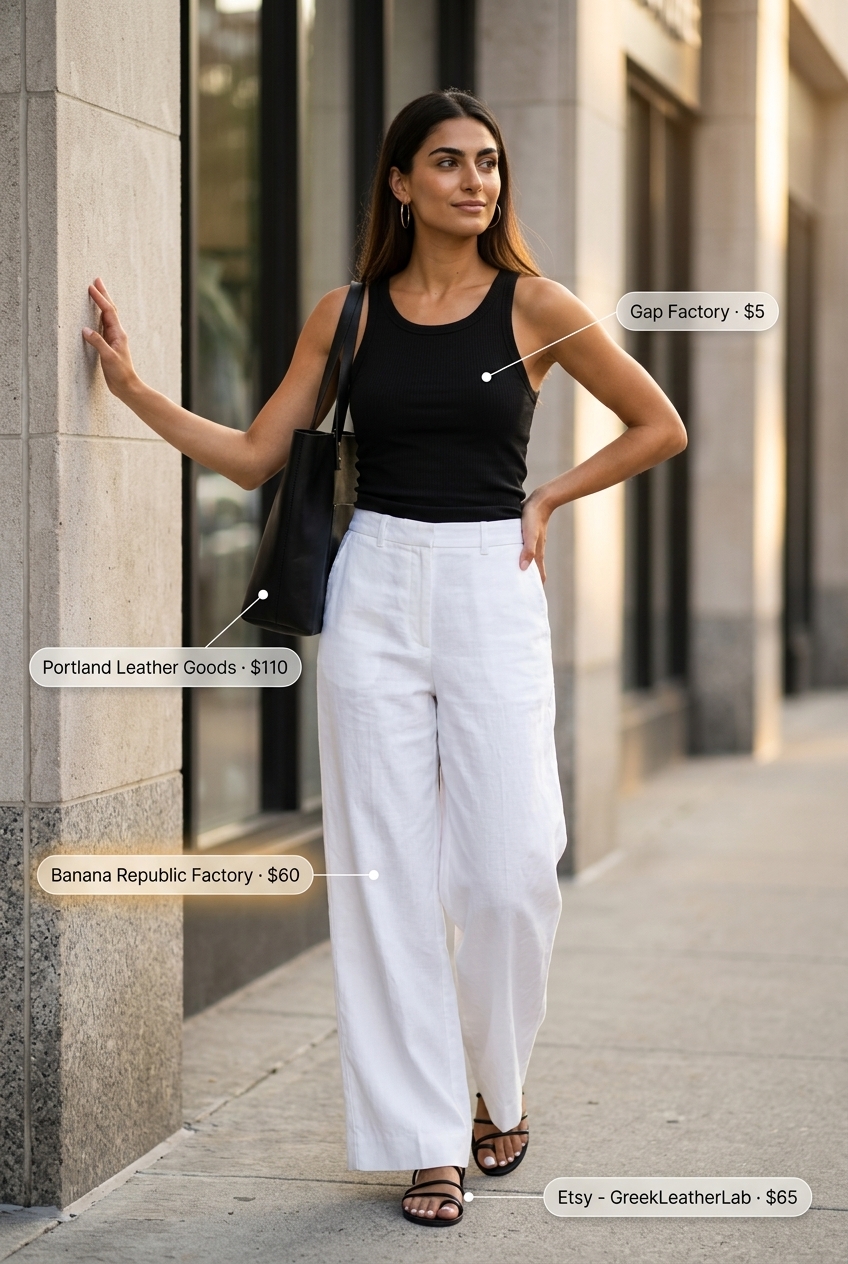 Chic white wide-leg pants with black tank and sandals for best summer outfits 2026. Ideal for city exploration.