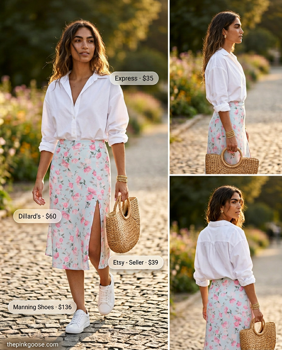 White shirt with floral midi skirt and sneakers for best summer outfits 2026. Perfect for picnics.