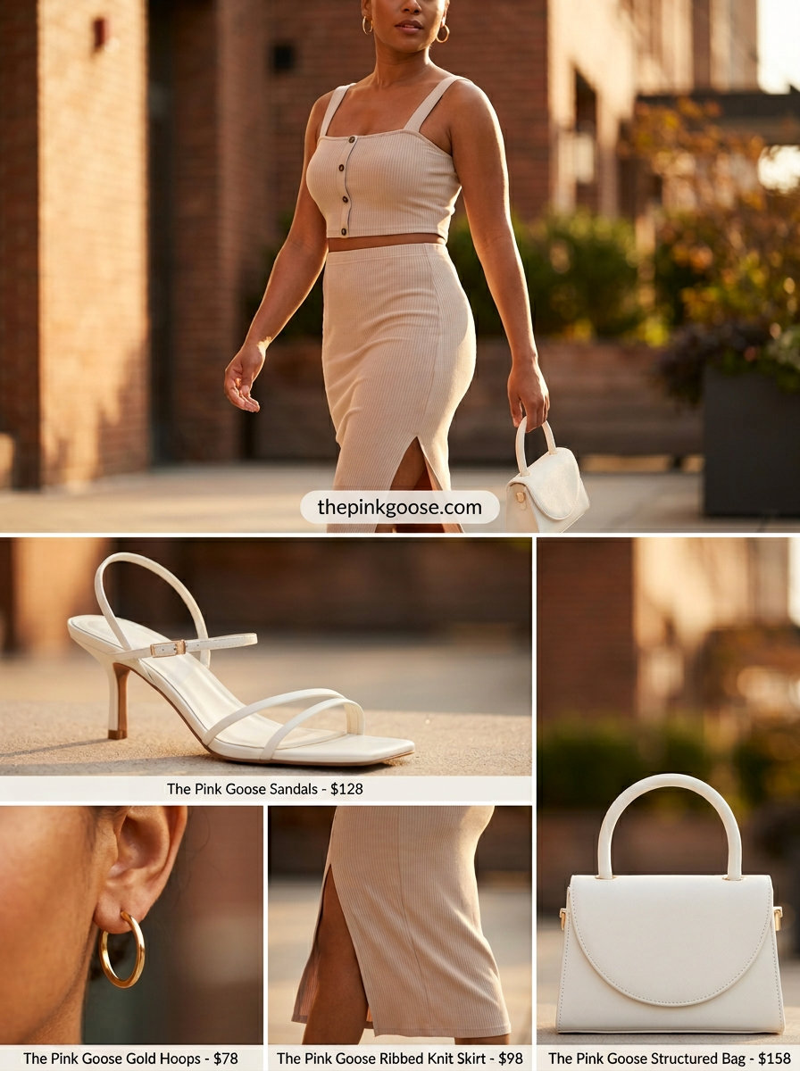 Modern Knit Co-ord Set: Sand beige knit set, white bag, and strappy heels. Best Summer Outfits 2026.