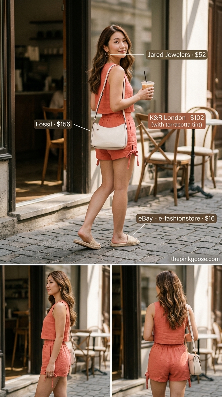 Weekend Wanderer Linen Shorts Set: Coral linen set, gold hoops, and raffia slides. Best Summer Outfits 2026.