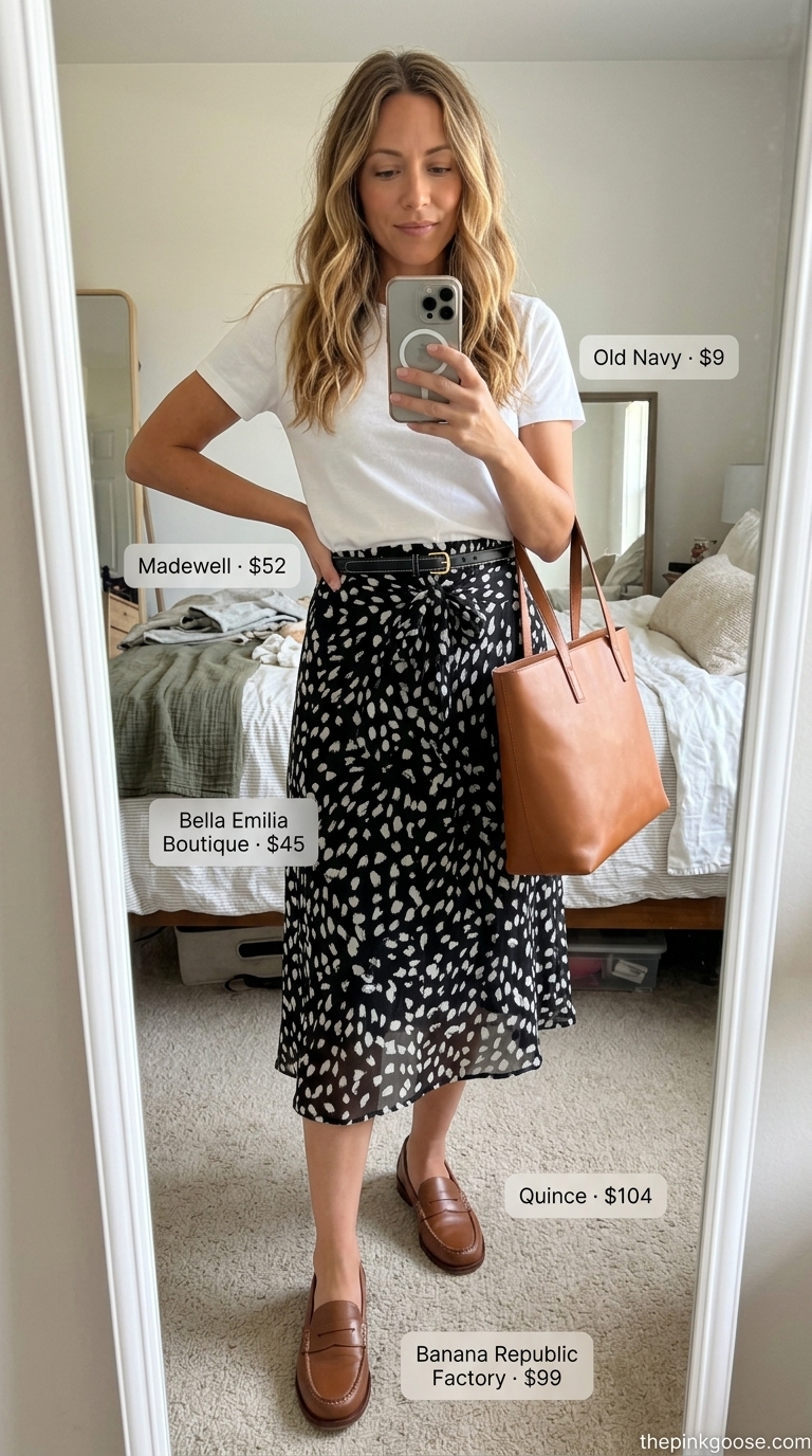 Weekend Getaway Midi Skirt: Black & white polka dot skirt, white tee, loafers, and leather tote. Best Summer Outfits 2026.