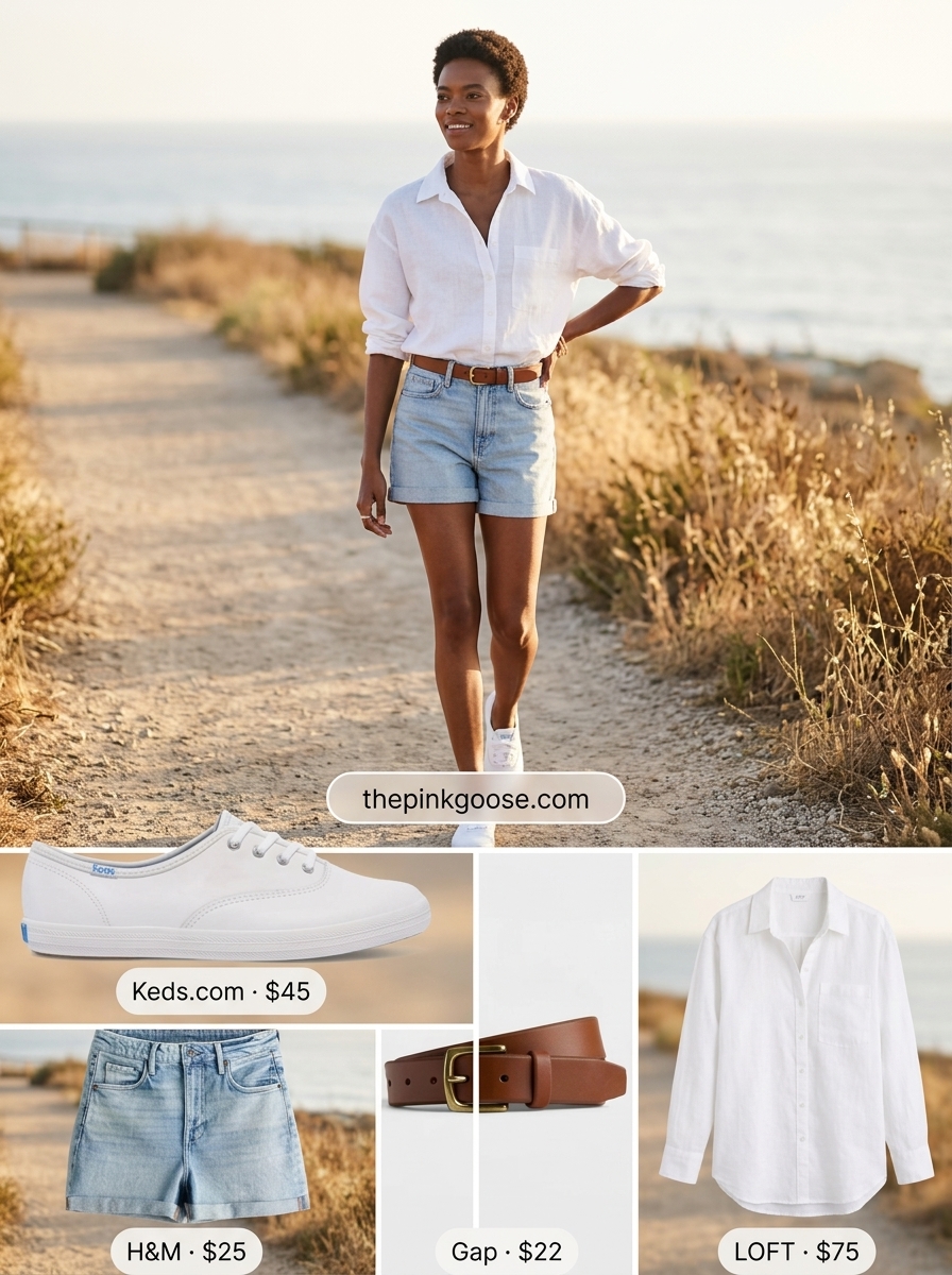 Cool & Casual Denim Shorts: High-waisted mom shorts, white linen shirt, leather crossbody. Best Summer Outfits 2026.