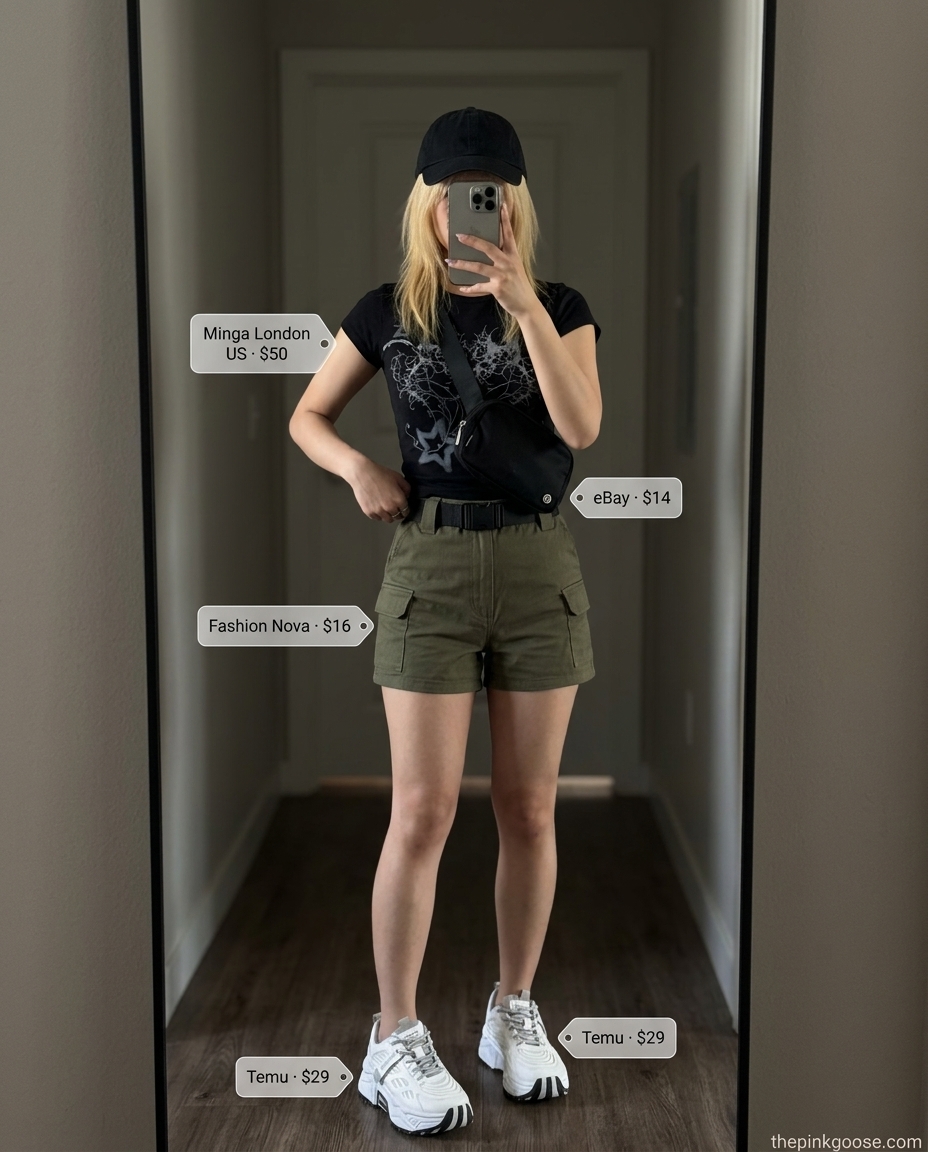 Urban Explorer outfit: Olive green cargo shorts, black graphic tee, dad sneakers, and crossbody bag. Best Summer Outfits 2026.