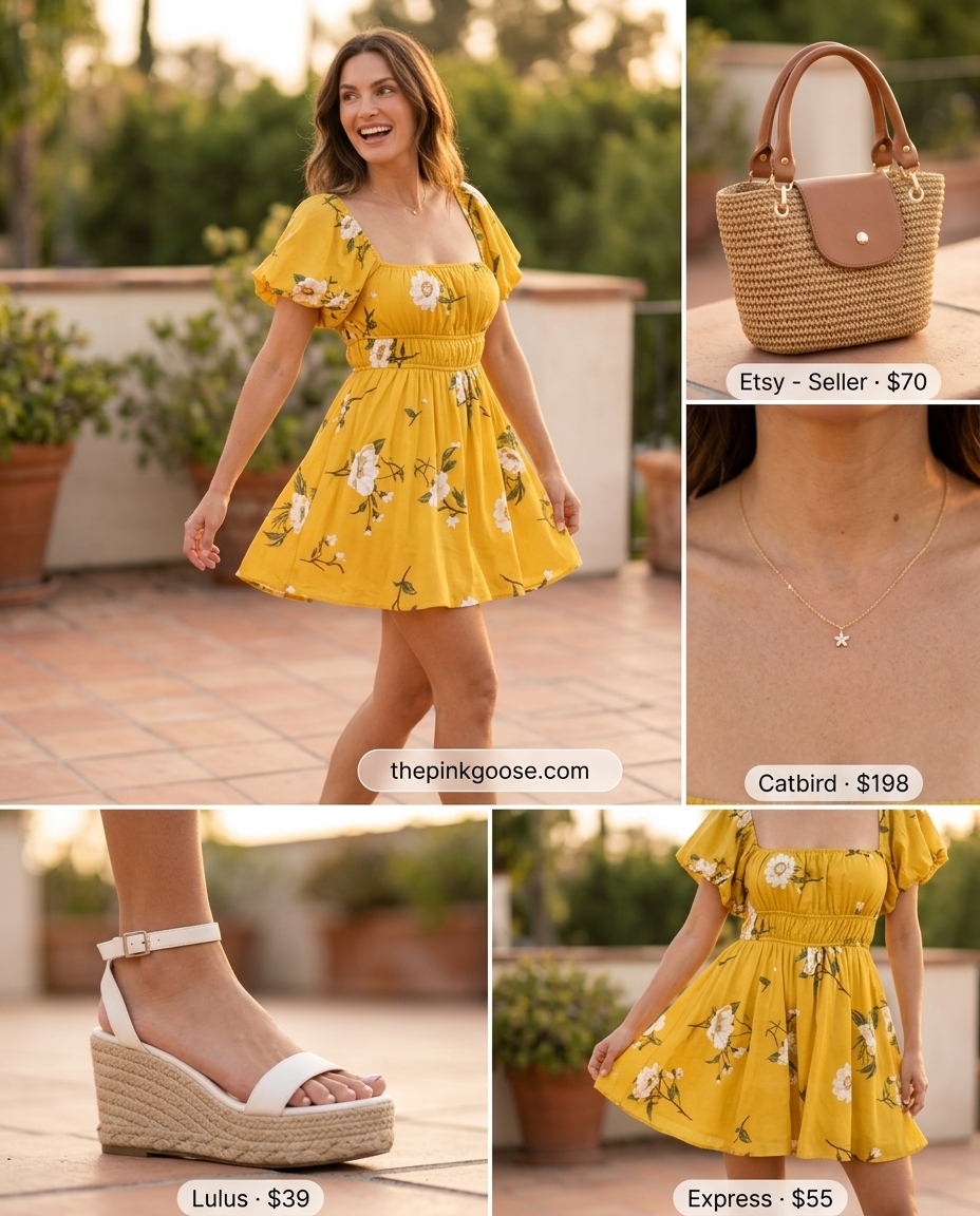 Vacation Ready Sundress: Bright yellow puff-sleeve mini dress, straw tote, and espadrille wedges. Best Summer Outfits 2026.