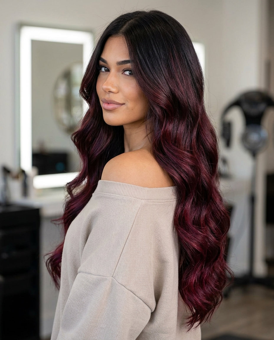 extra-long ombre hair with black-brown to black cherry burgundy melt, ghost layers, U-cut back — bold glamorous luxurious