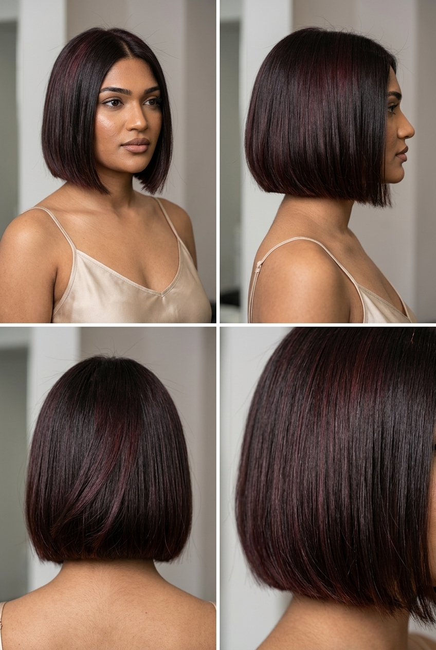 chin-length blunt bob haircut with black cherry midnight color, razor-sharp perimeter, no bangs — sophisticated evening event