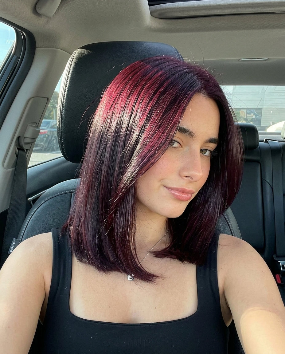 Black Cherry Brunette Hair Color 2026 long one-length brunette hair with black cherry all-over, permanent color, no fringe β edgy night out