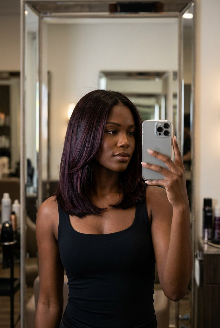 long black cherry balayage with violet-red highlights and dark espresso base for formal events