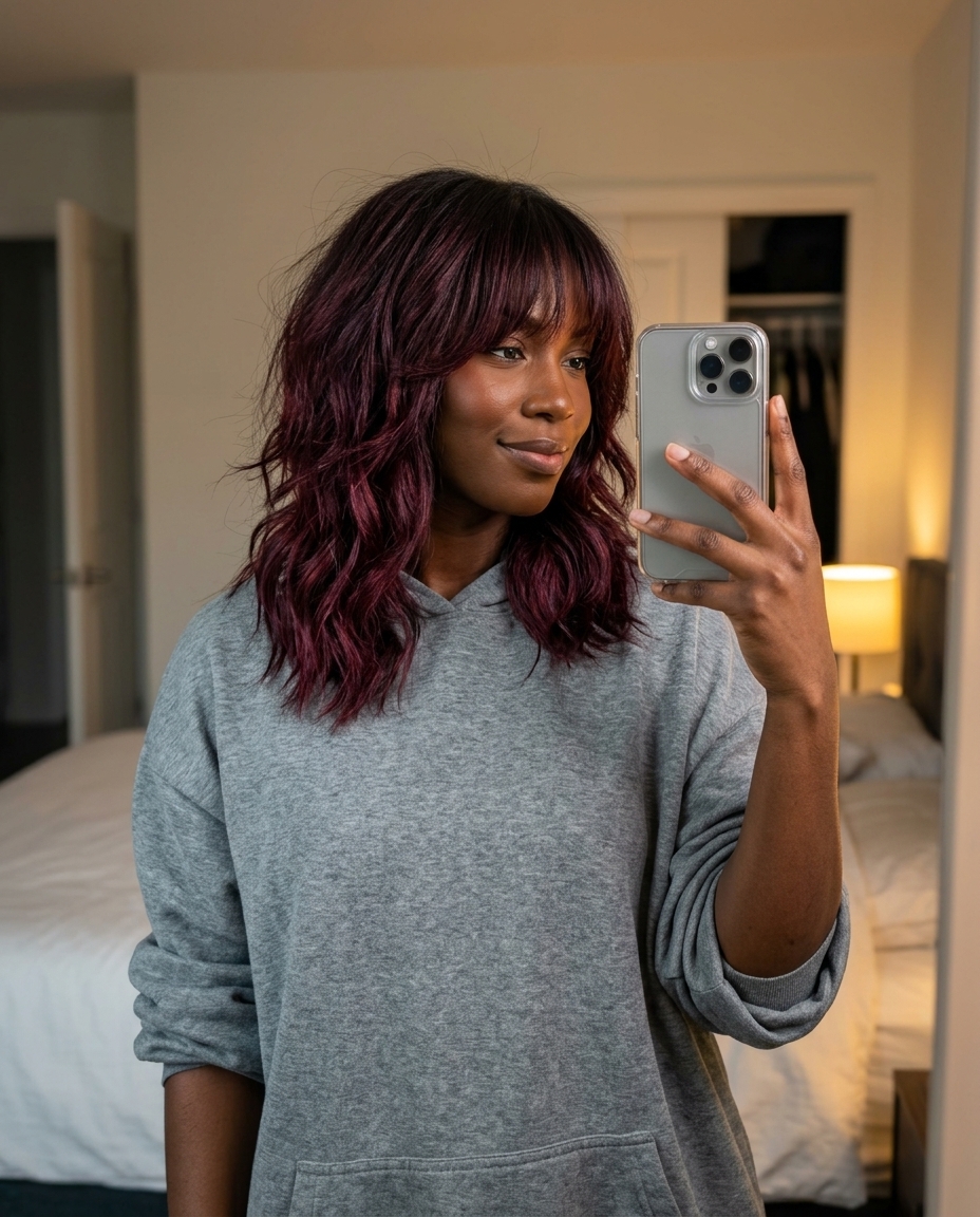 medium length shag haircut with black cherry midnight color, choppy layers, curtain bangs — edgy music festival