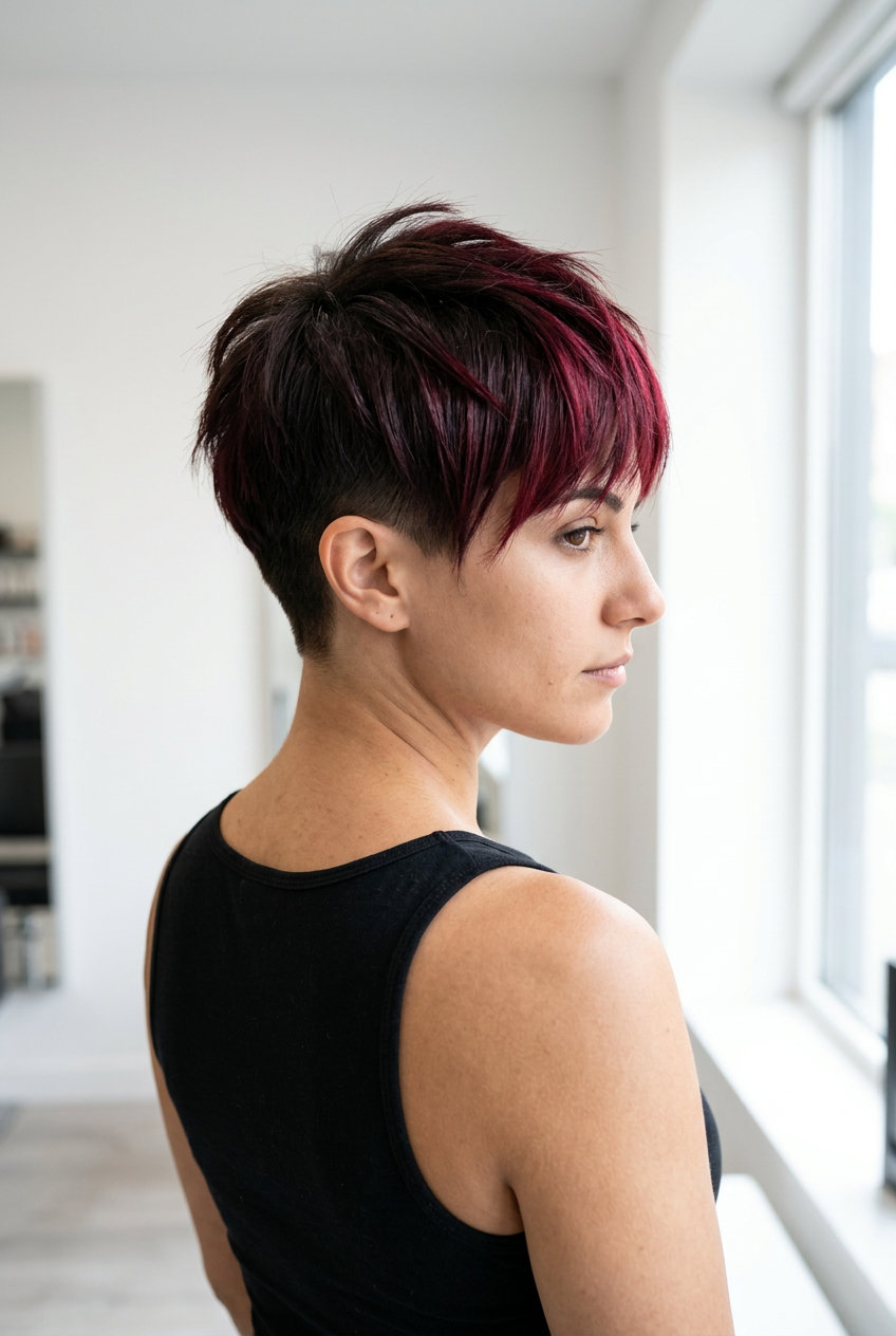 short crop haircut with black cherry red ombre, undercut sides — edgy fashion-forward look