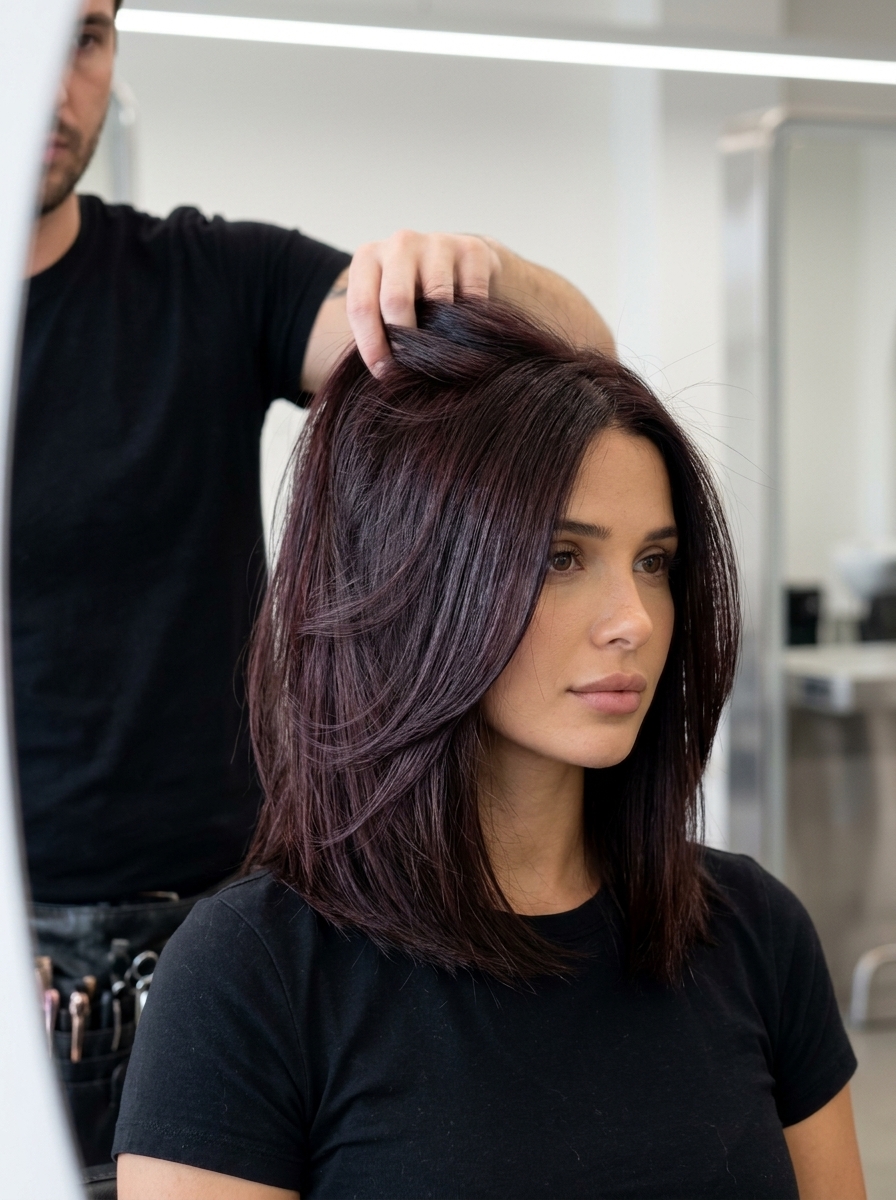 shoulder-length black cherry midnight long bob with deep brunette red-violet undertones, blunt perimeter, center part — sultry and elegant