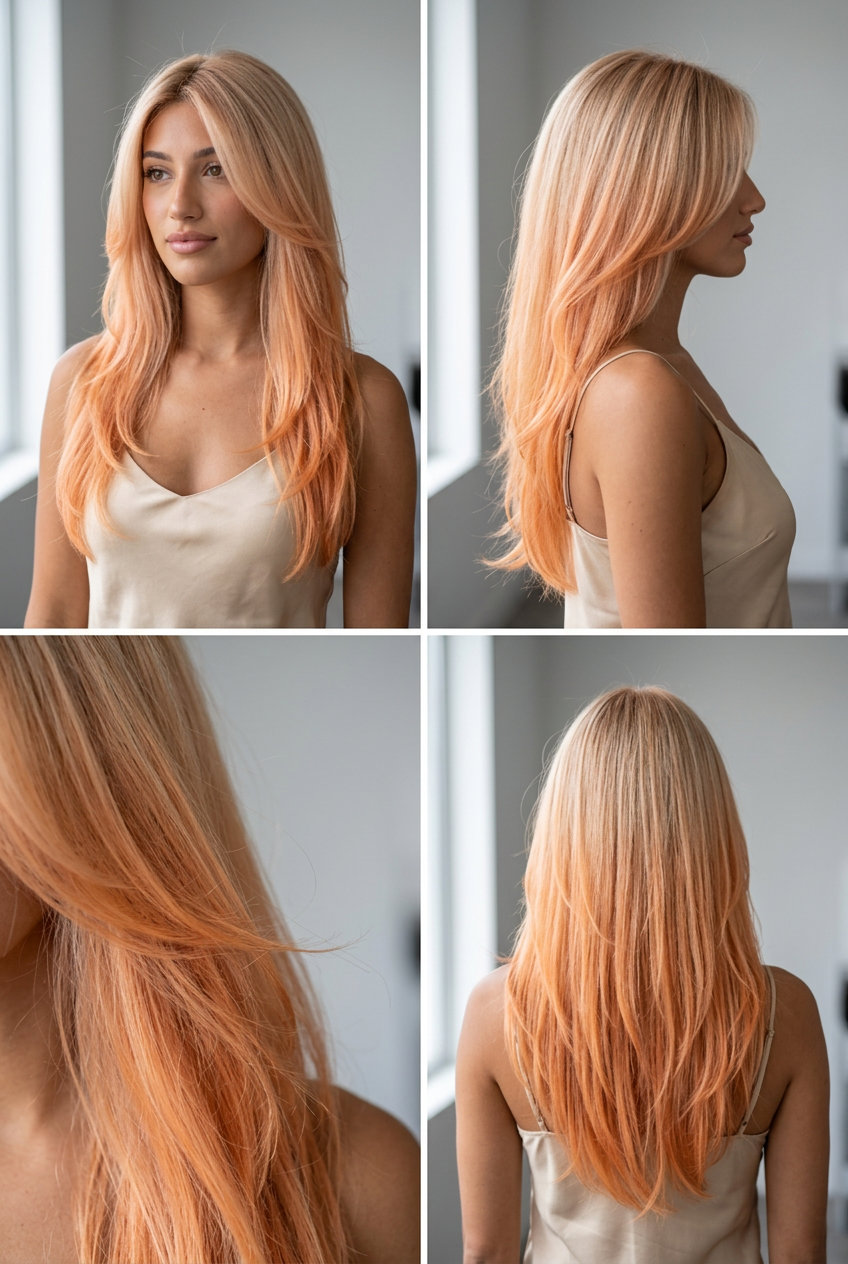 extra-long blonde to apricot orange ombre with soft layers for festival