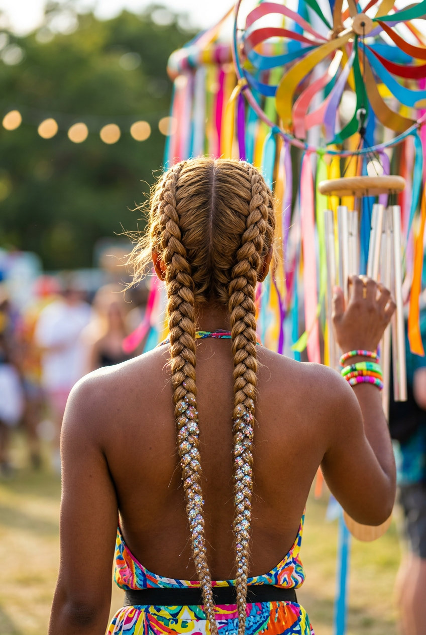 long double dutch braids with blonde color, glitter ends, tight braids — bold festival