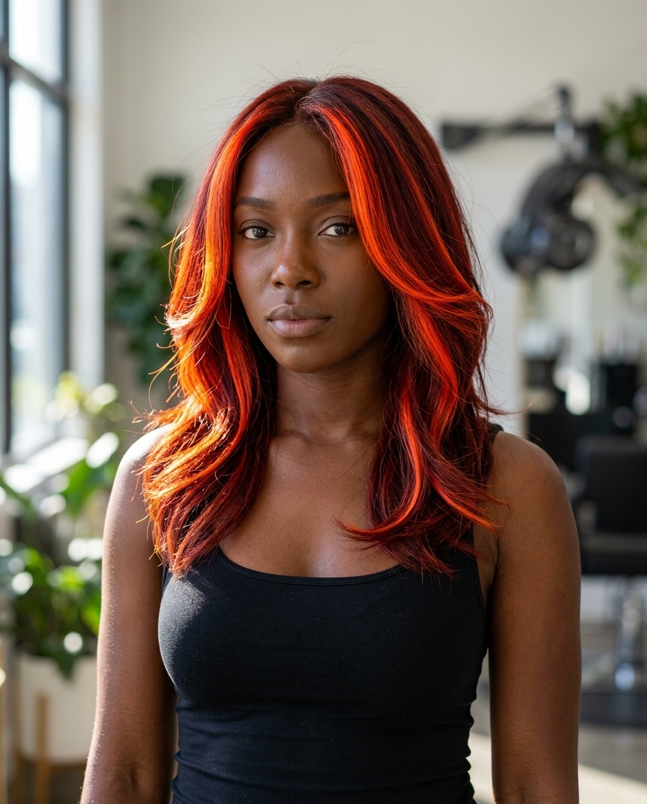 long layered haircut auburn hair color with neon orange highlights, face-framing highlights, bold mood