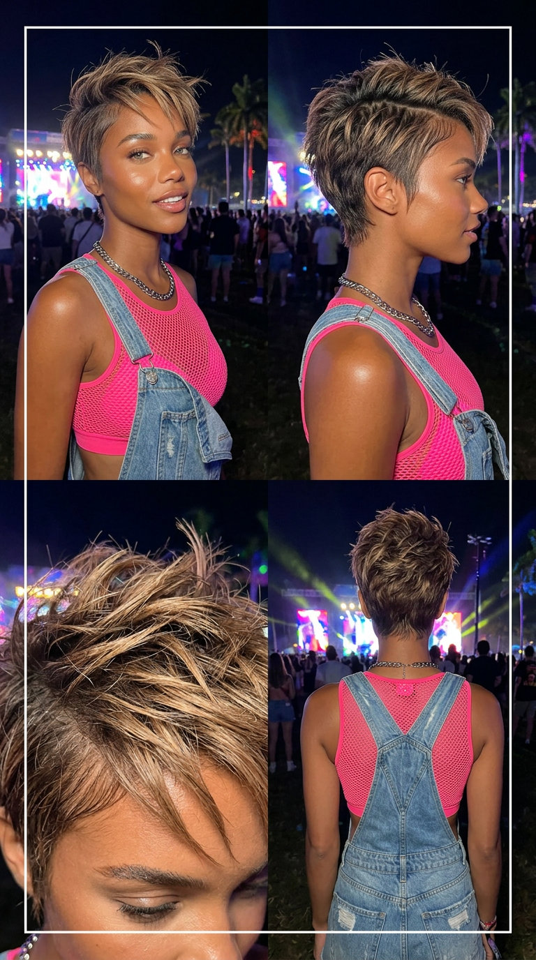 short vibrant electric blue pixie haircut with razored texture and messy spikes for summer