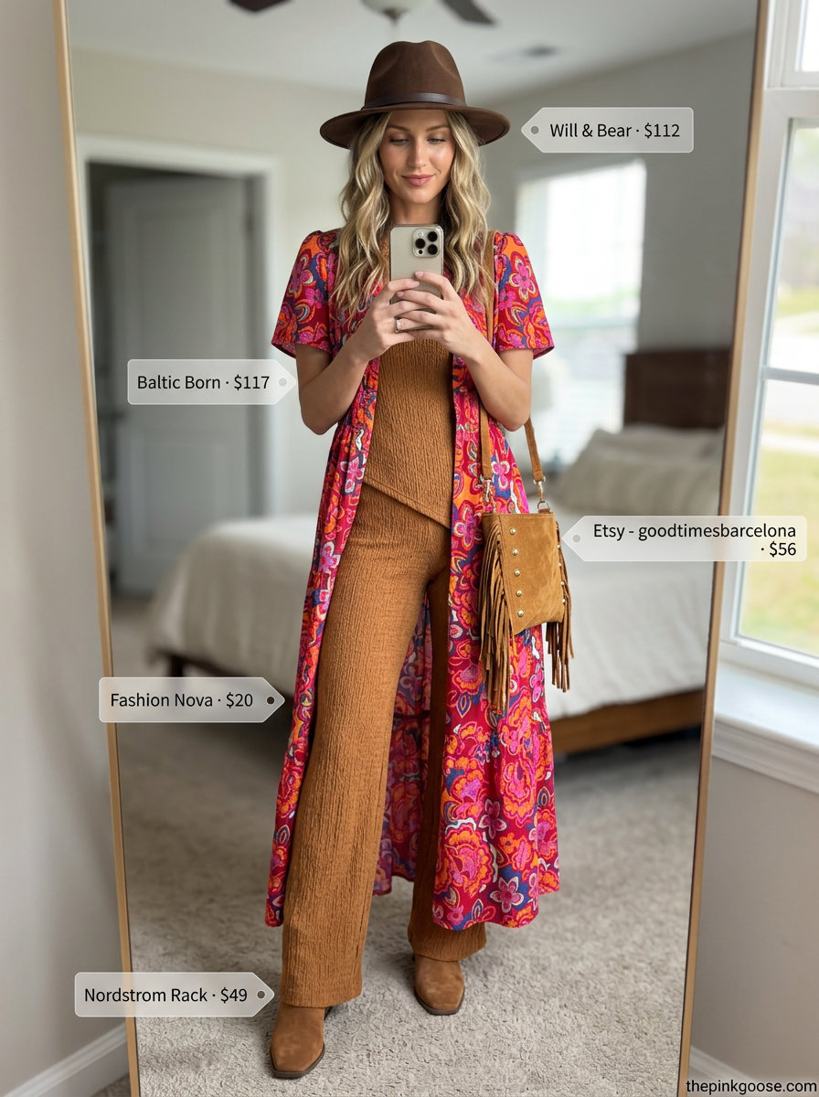 Bohemian maxi dress for festivals in 2026. Free-spirited outfit with suede boots and a wide-brimmed hat.