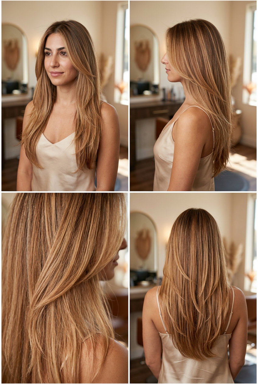 long layered haircut with bronde-copper balayage, soft face-framing layers, and U-cut back for daily