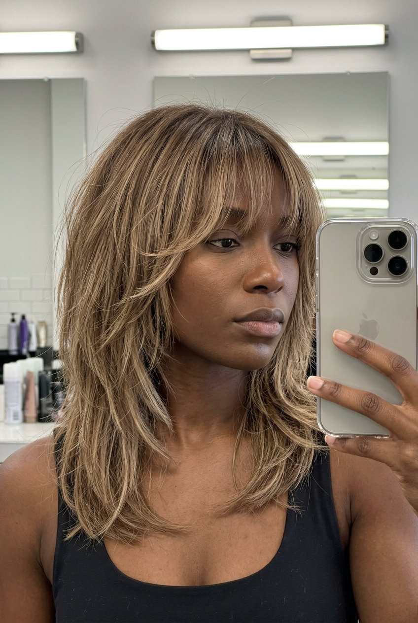 Toasted Almond Bronde Shag 2026: Playful & Boho medium bronde shag with beige blonde balayage, curtain bangs, razored layers β playful and bohemian