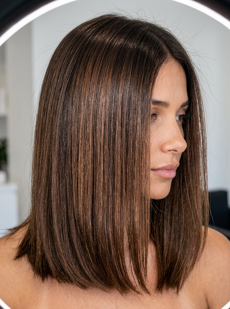 blunt cut hair color with deep brunette and warm bronze glaze for sophisticated shine