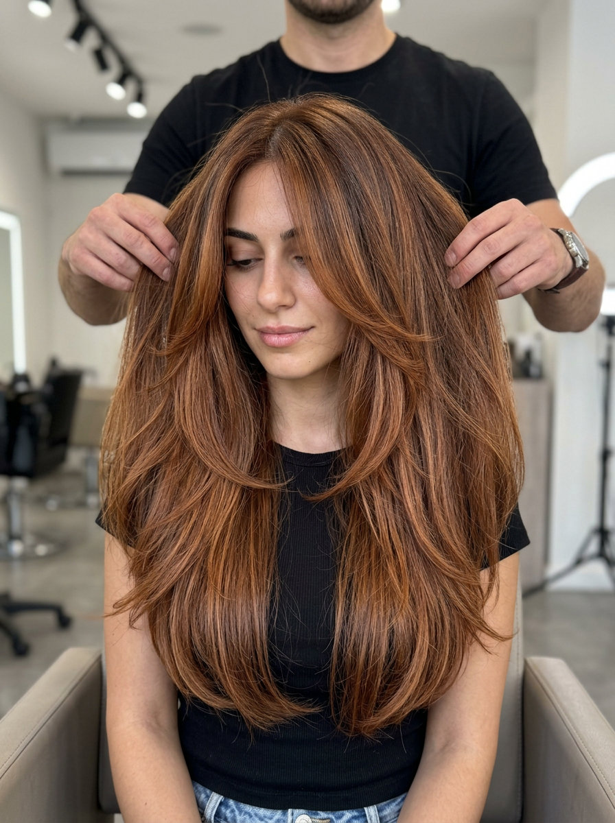 waist-length hair with bronze copper balayage, soft deconstructed layers, and curtain bangs for romantic events