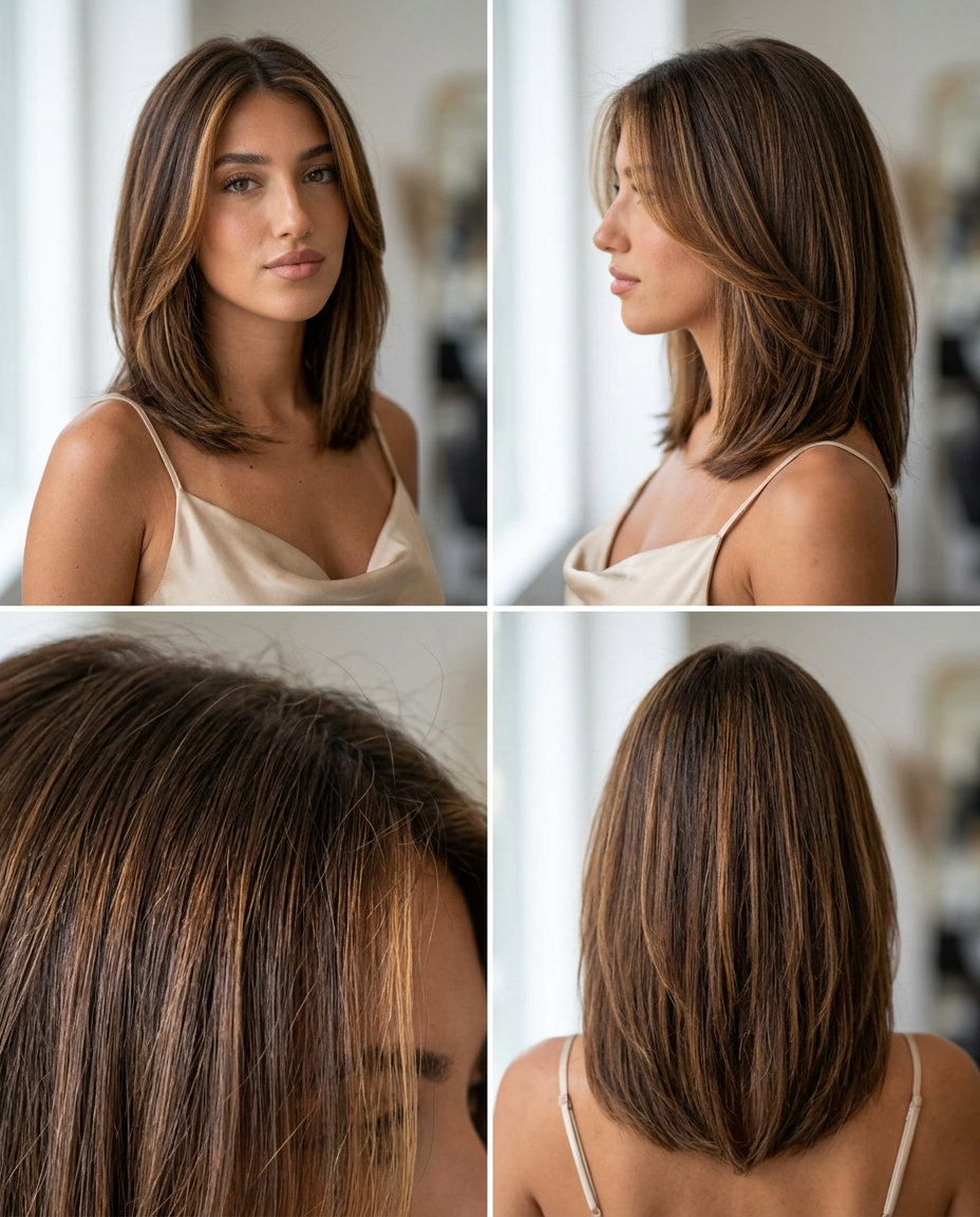 Bronze Money Pieces Brunette 2026 long brunette hair color with warm bronze money pieces, hand-painted foilayage, no fringe β sun-kissed festival look