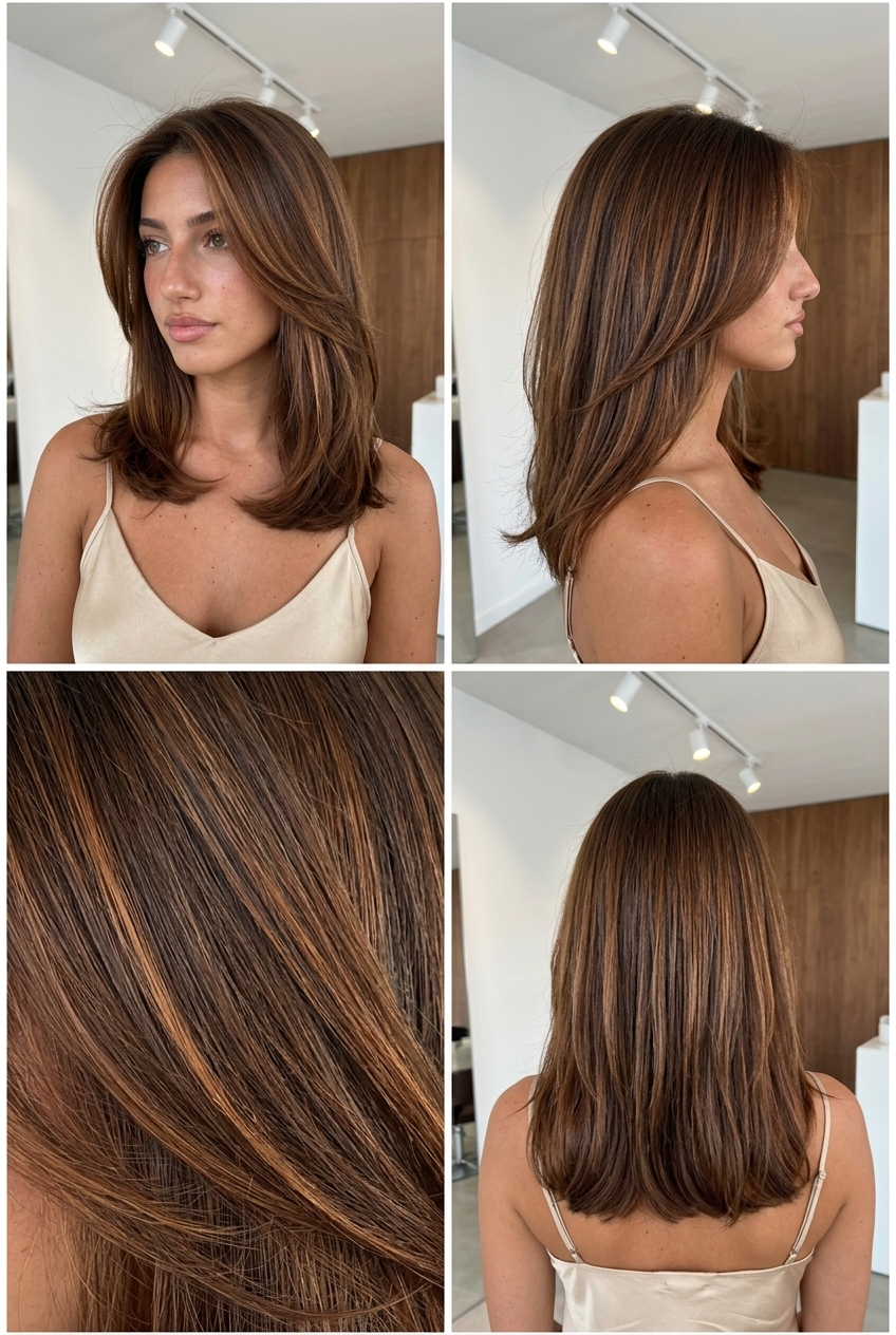 long layered hair with bronze goddess glow color, balayage highlights, no fringe — radiant