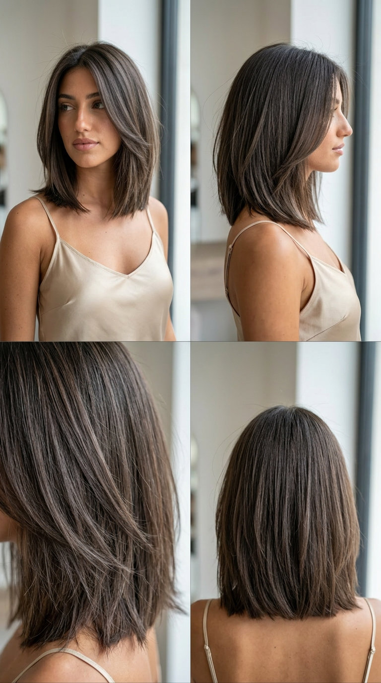 long brown hair with ash undertones, tone-on-tone lowlights, no fringe — minimalist sophisticated bob