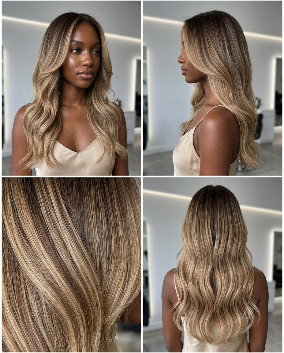 extra-long cut with natural brown to sandy beige ombré, face-framing layers, V-cut back — effortless, beachy