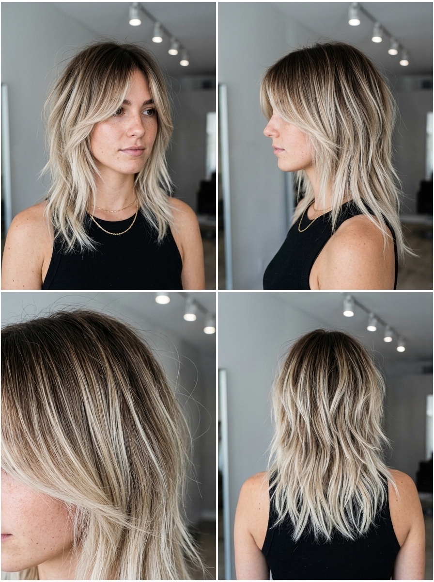 medium-length shag dimensional summer blonde hair color 2026 with brunette roots, icy blonde ends, curtain bangs — rebellious