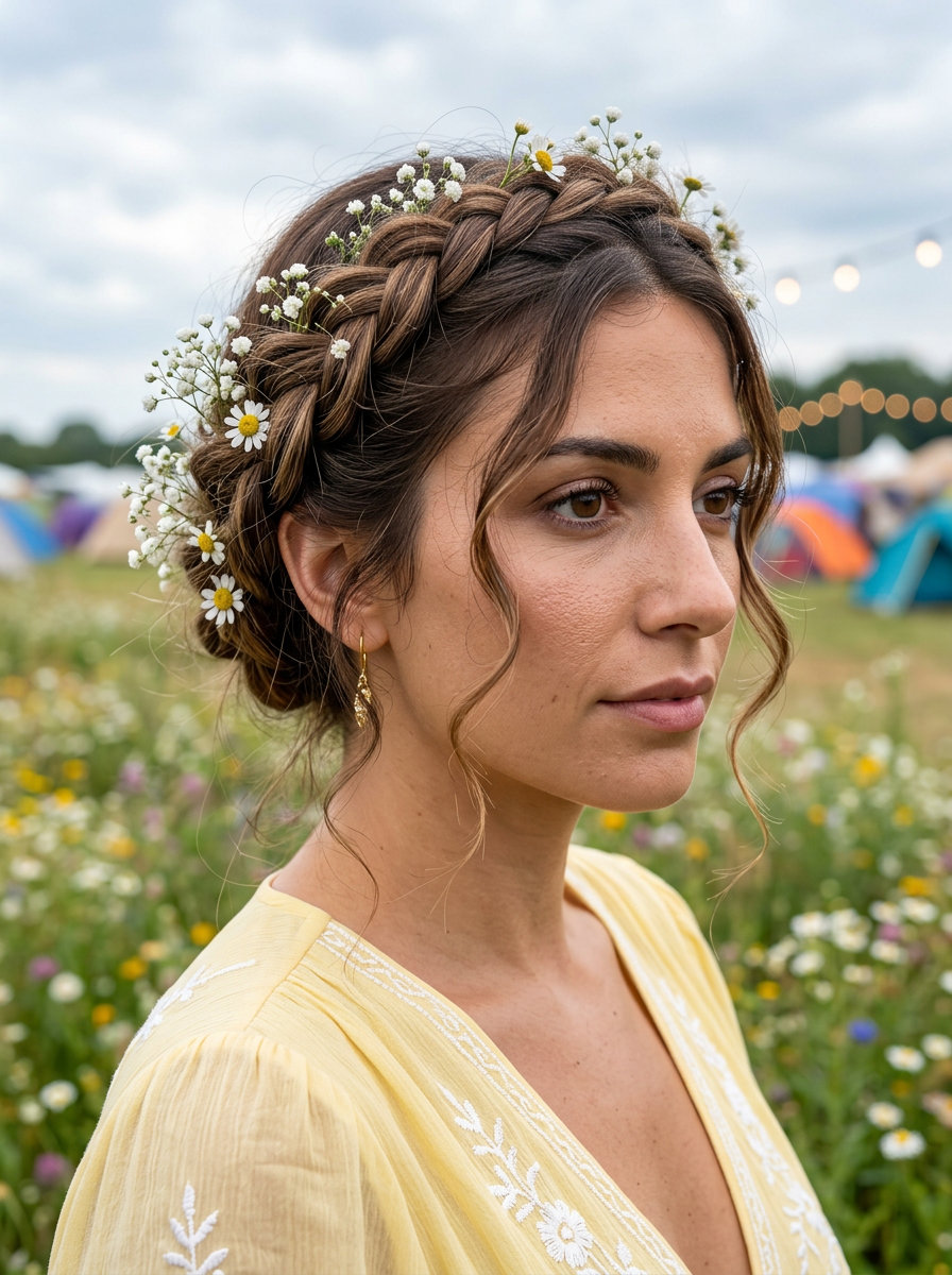 long braided crown with natural brunette balayage, wildflower accents, face-framing tendrils — romantic boho festival style