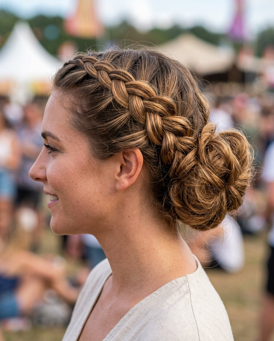 long dutch braid bun with brunette color, textured messy bun, face-framing tendrils — bohemian festival