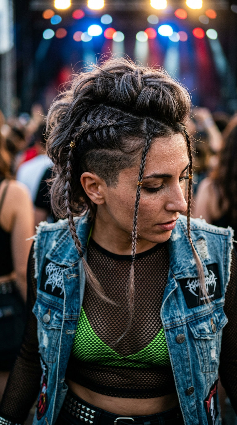long textured undercut braids with brunette color, thin face-framing braids, no fringe — edgy festival