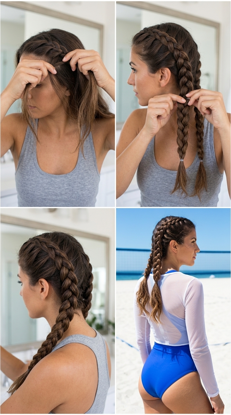 Sporty Dutch Braids: Summer 2026 Wavy Hairstyle medium wavy double dutch braids with natural brunette, secure, for beach day