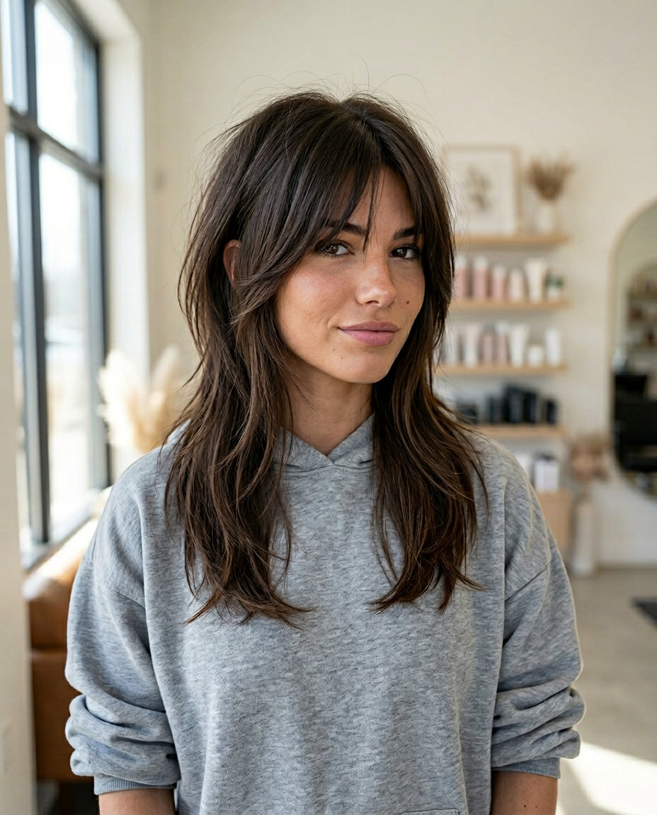 medium brunette mullet shag with razored layers and wispy fringe for summer