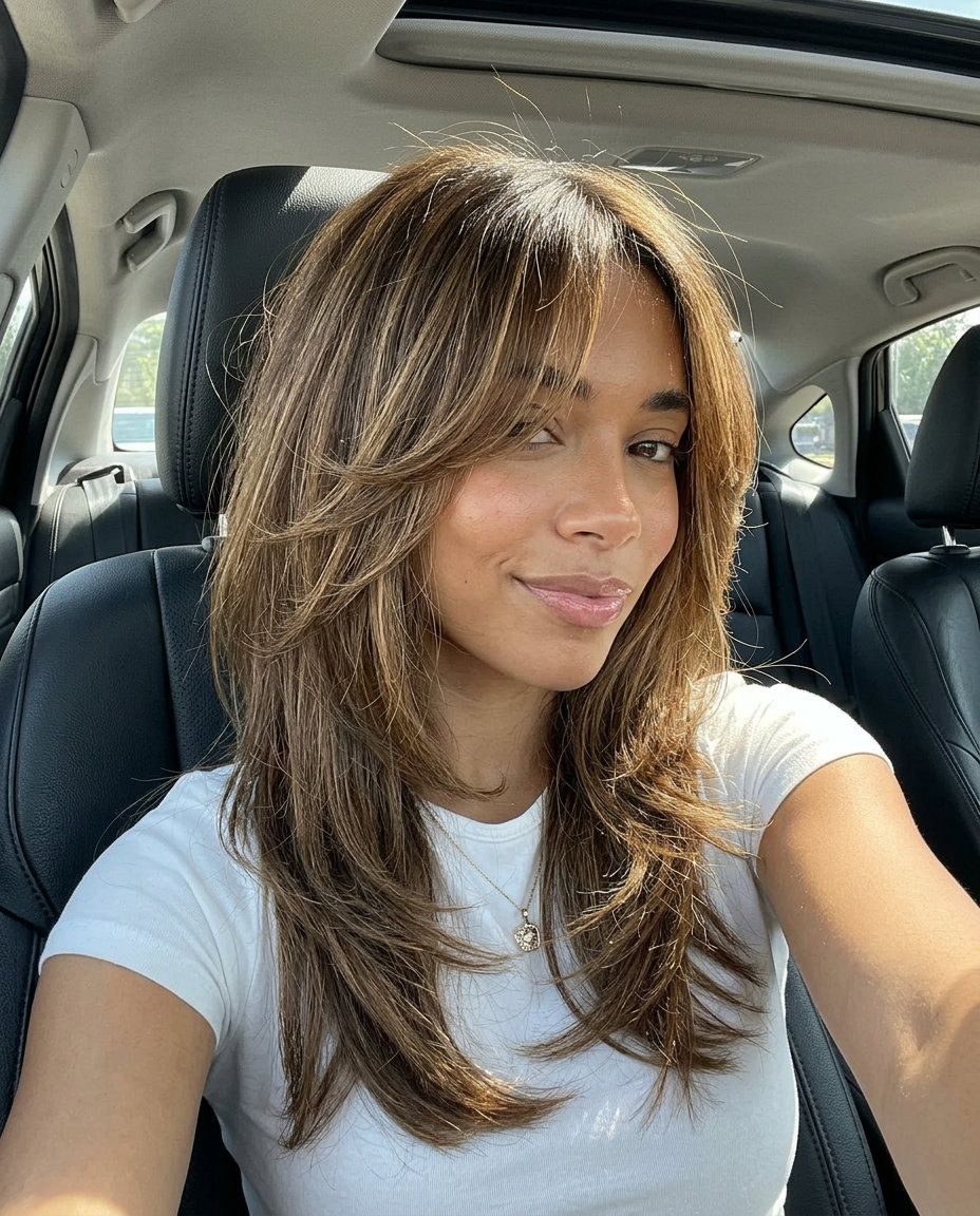 medium shag haircut with natural brunette, sun-kissed babylights, curtain bangs — bohemian playful style