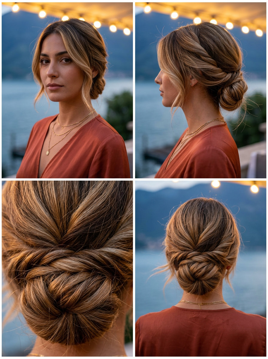 long espresso brunette to golden blonde ombré twisted bun with caramel melt for date night