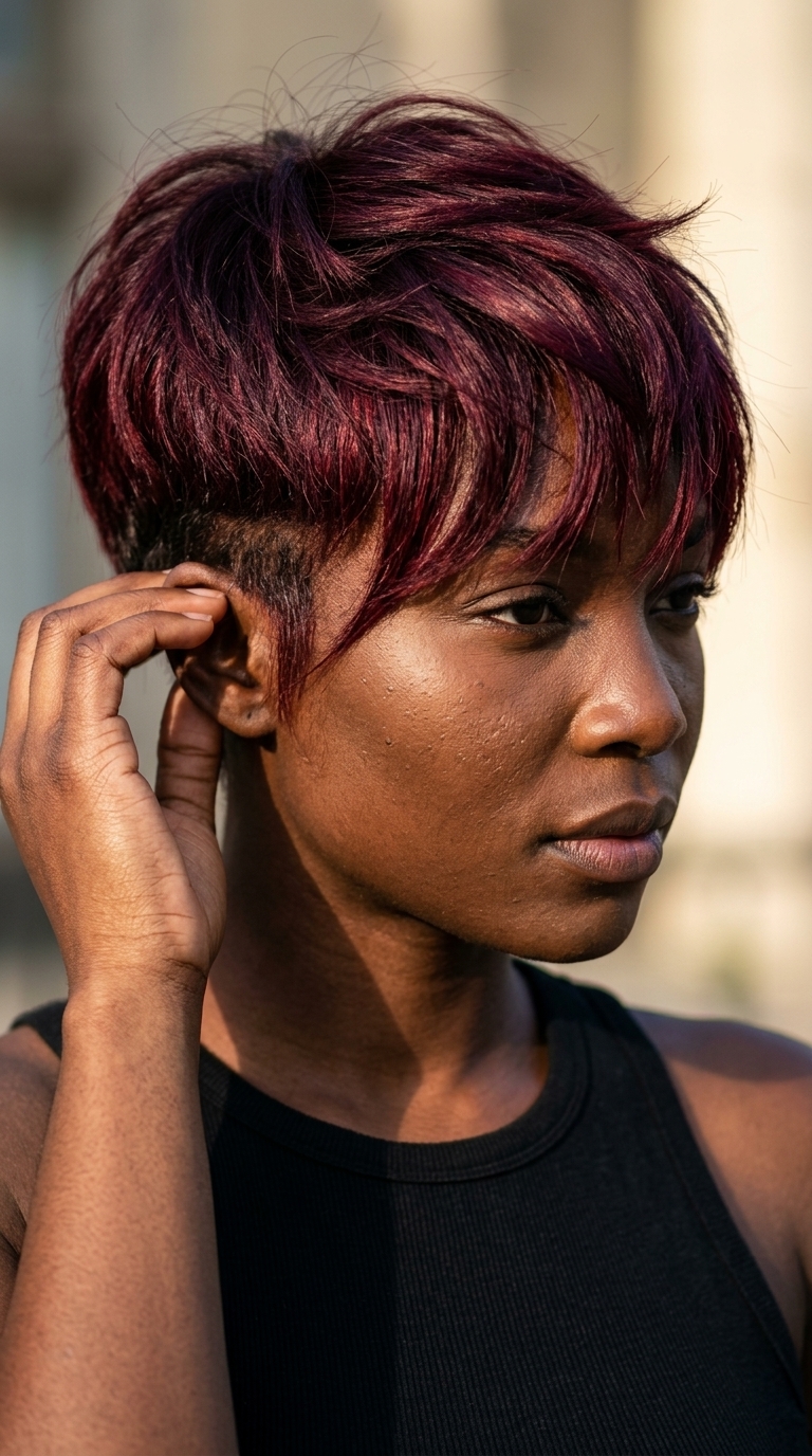 short pixie cut with deep burgundy red, razored textured edges, piecey disconnected fringe — edgy artistic